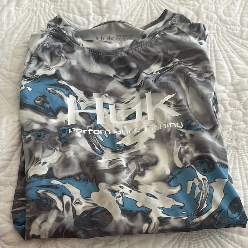 Huk Performance Fishing Shirt with Blue and Gray Swirl